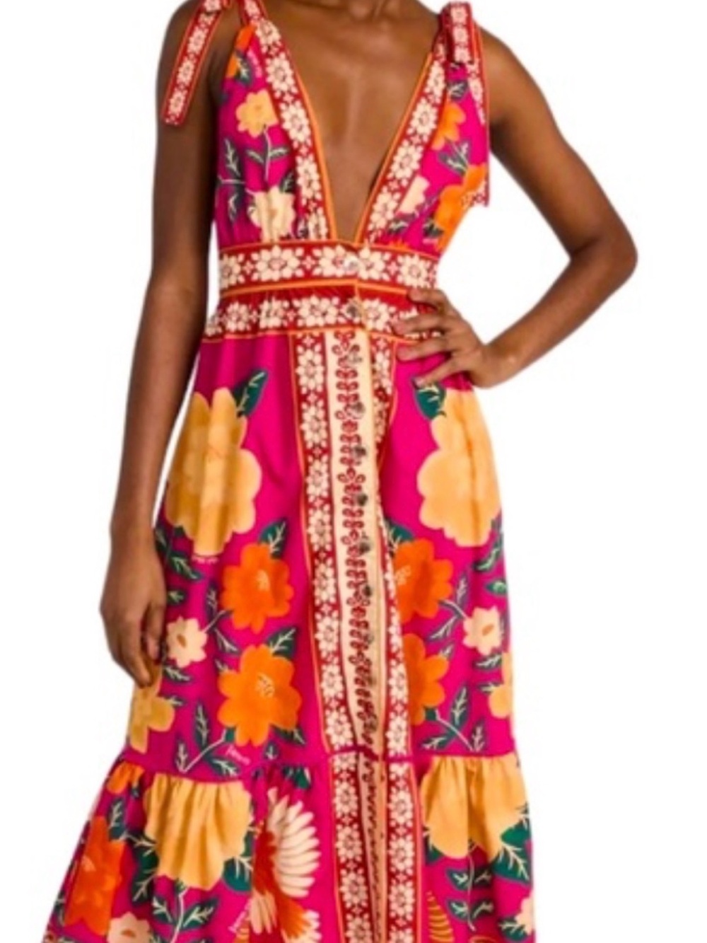 FARM Rio Magenta Floral Tie-Shoulder V-Neck Maxi Dress